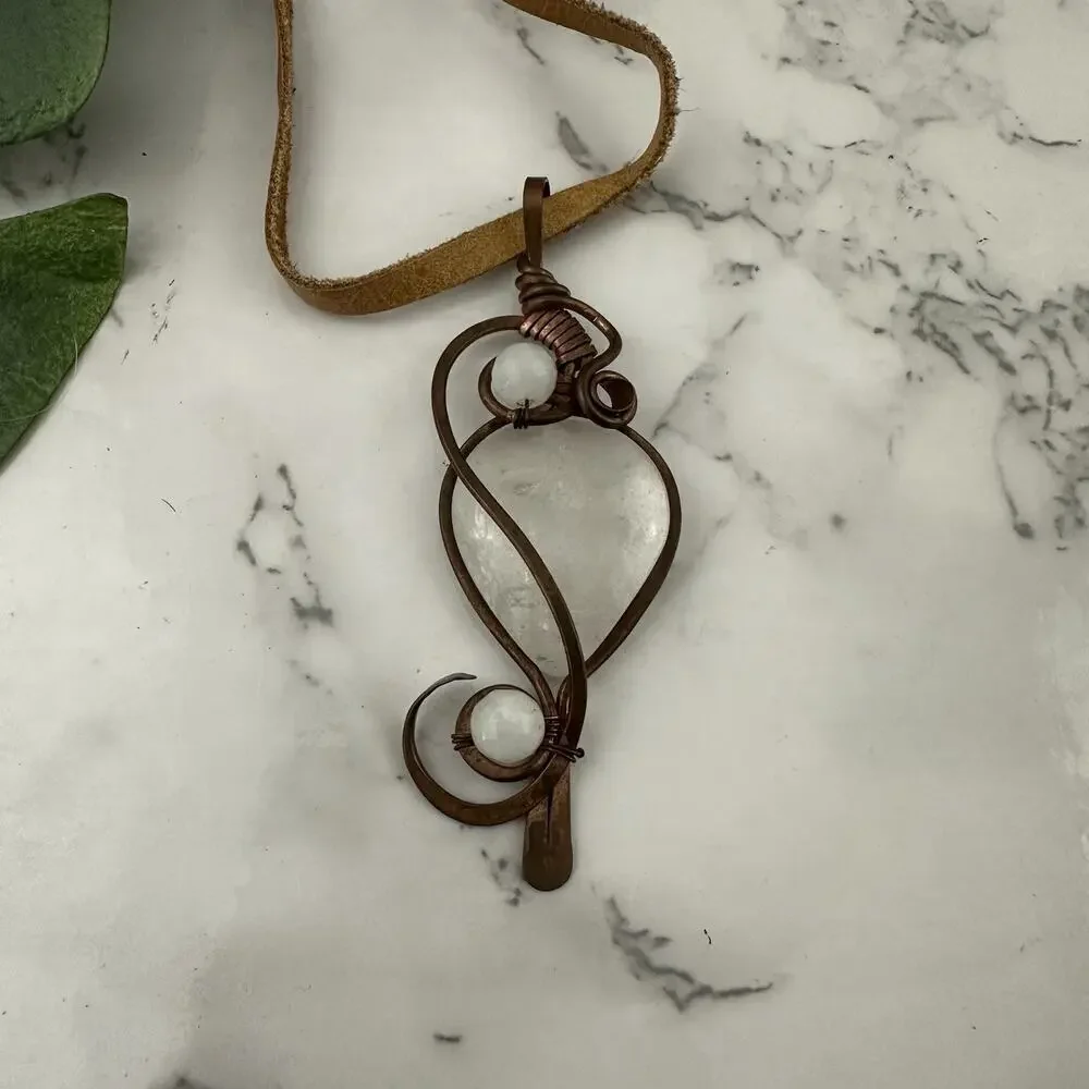 Hand Made Copper Pendant Necklace Quartz Stone Leather Cord Boho